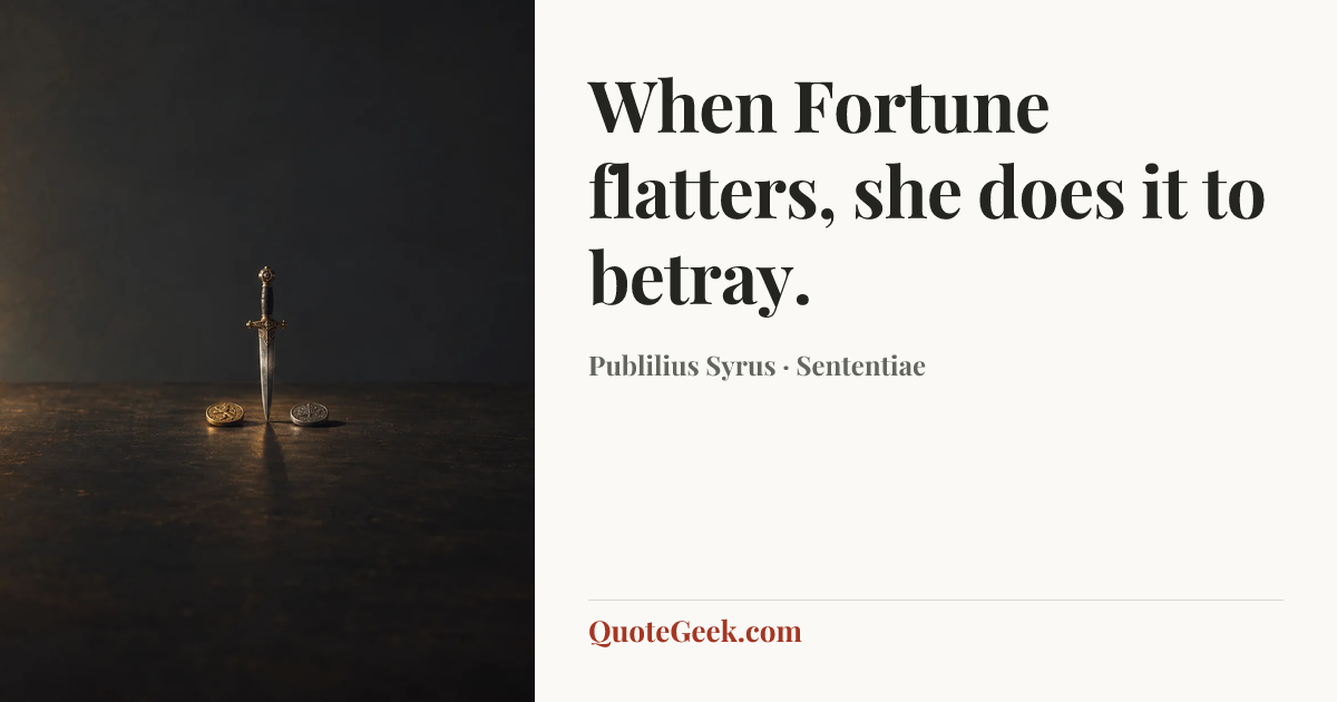 “When Fortune flatters, she does it to betray.” — Publilius Syrus · Sententiae. Illustrated QuoteGeek card.