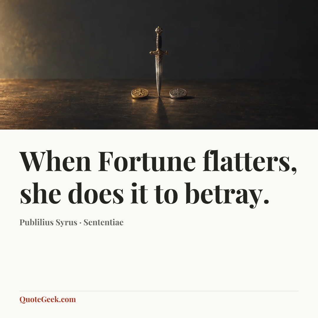 “When Fortune flatters, she does it to betray.” — Publilius Syrus · Sententiae. Illustrated QuoteGeek card.