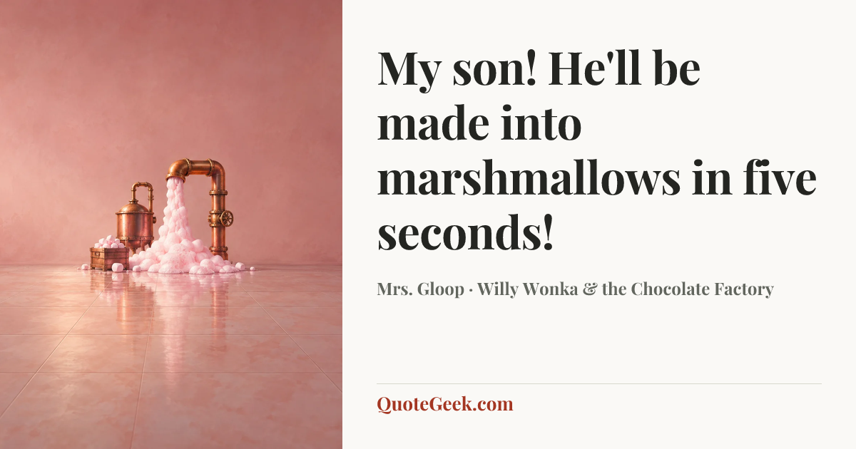 “My son! He'll be made into marshmallows in five seconds!” — Mrs. Gloop · Willy Wonka & the Chocolate Factory. Illustrated QuoteGeek card.