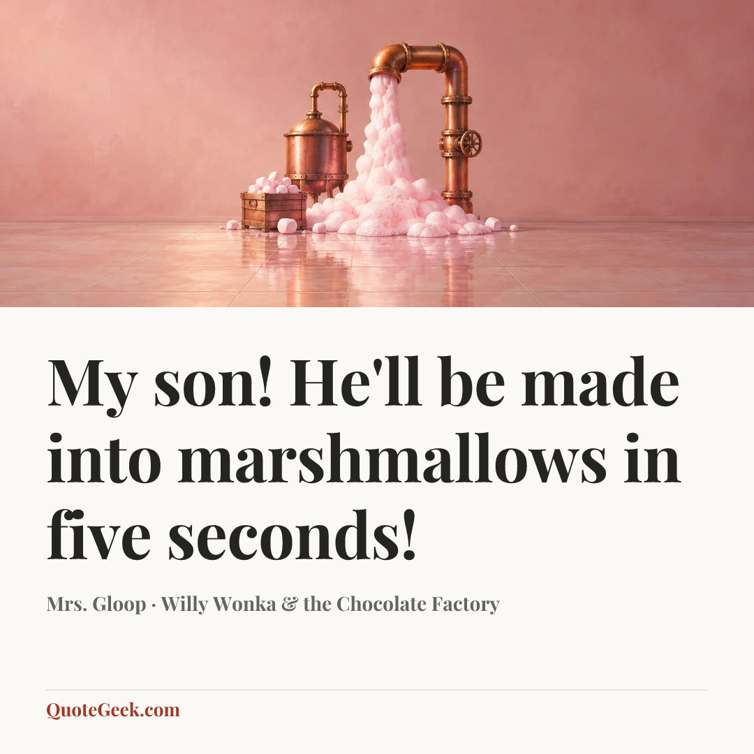 “My son! He'll be made into marshmallows in five seconds!” — Mrs. Gloop · Willy Wonka & the Chocolate Factory. Illustrated QuoteGeek card.