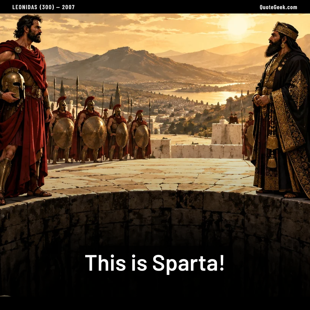 “This is Sparta!” — Leonidas (300) · 300. Illustrated QuoteGeek card.