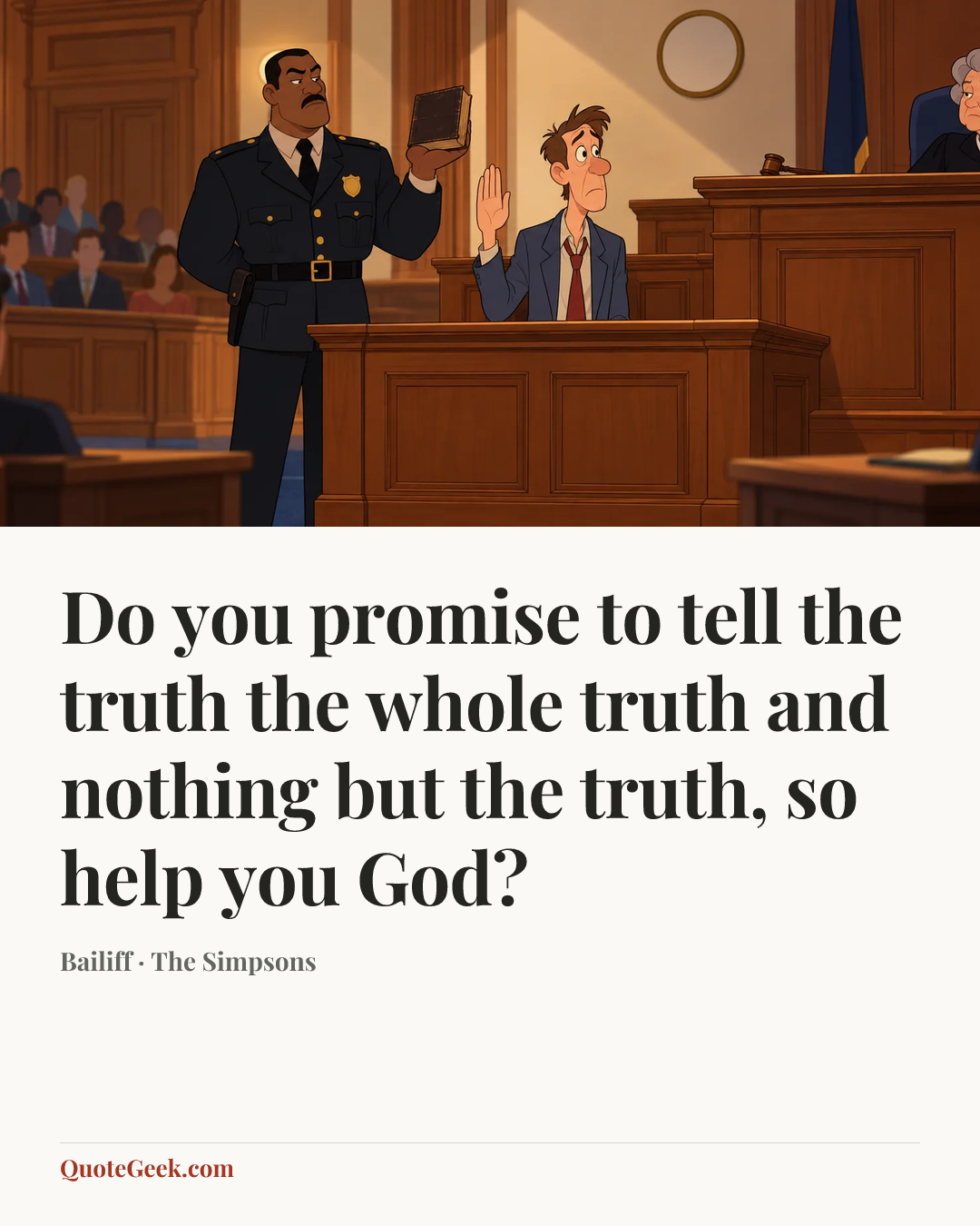 “Do you promise to tell the truth the whole truth and nothing but the truth, so help you God?” — Bailiff · The Simpsons. Illustrated QuoteGeek card.