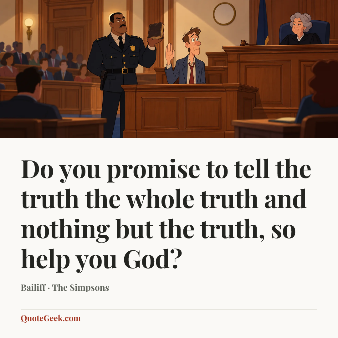 “Do you promise to tell the truth the whole truth and nothing but the truth, so help you God?” — Bailiff · The Simpsons. Illustrated QuoteGeek card.