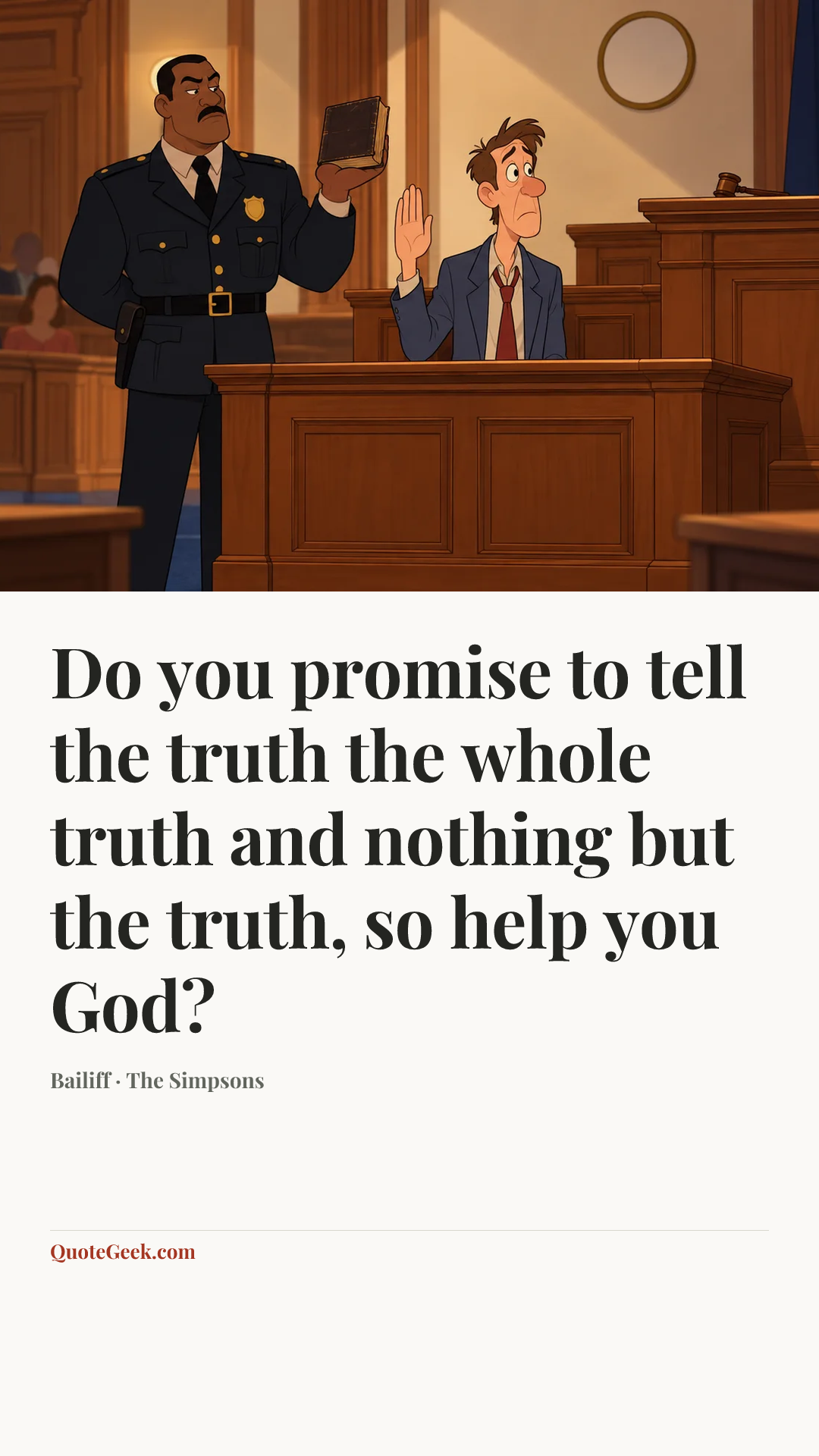 “Do you promise to tell the truth the whole truth and nothing but the truth, so help you God?” — Bailiff · The Simpsons. Illustrated QuoteGeek card.