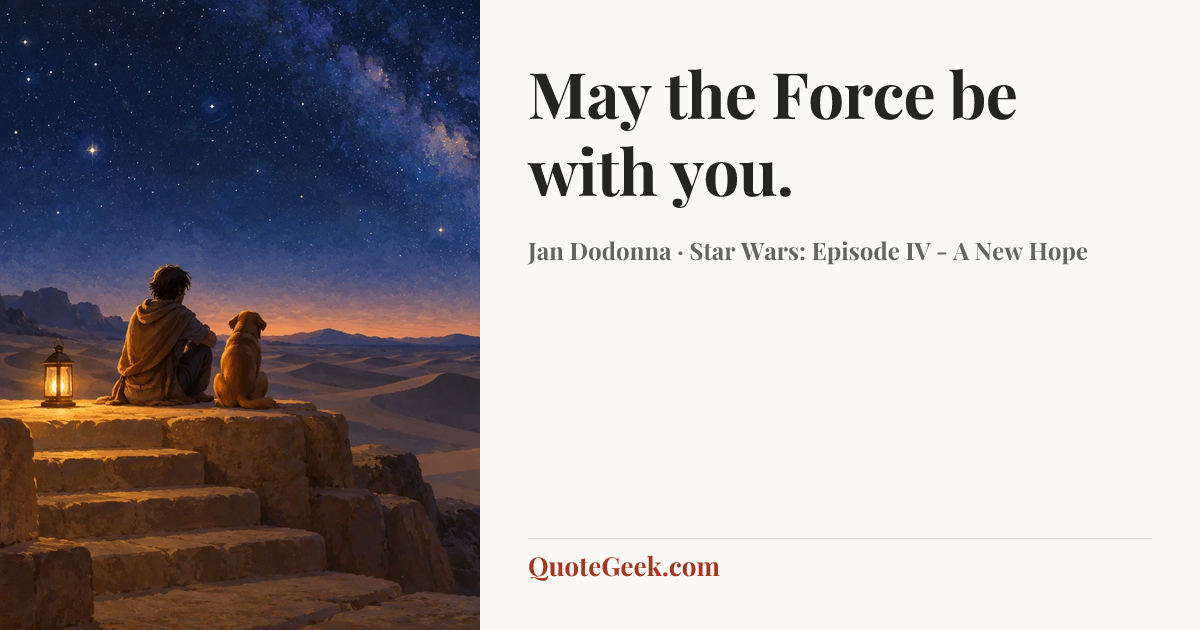 “May the Force be with you.” — Jan Dodonna · Star Wars: Episode IV - A New Hope. Illustrated QuoteGeek card.