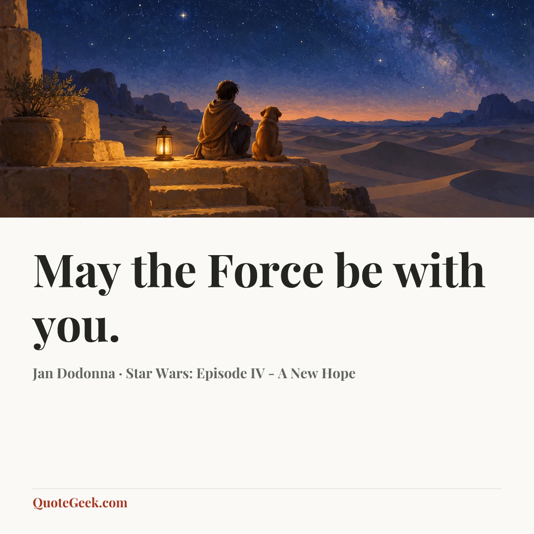 “May the Force be with you.” — Jan Dodonna · Star Wars: Episode IV - A New Hope. Illustrated QuoteGeek card.