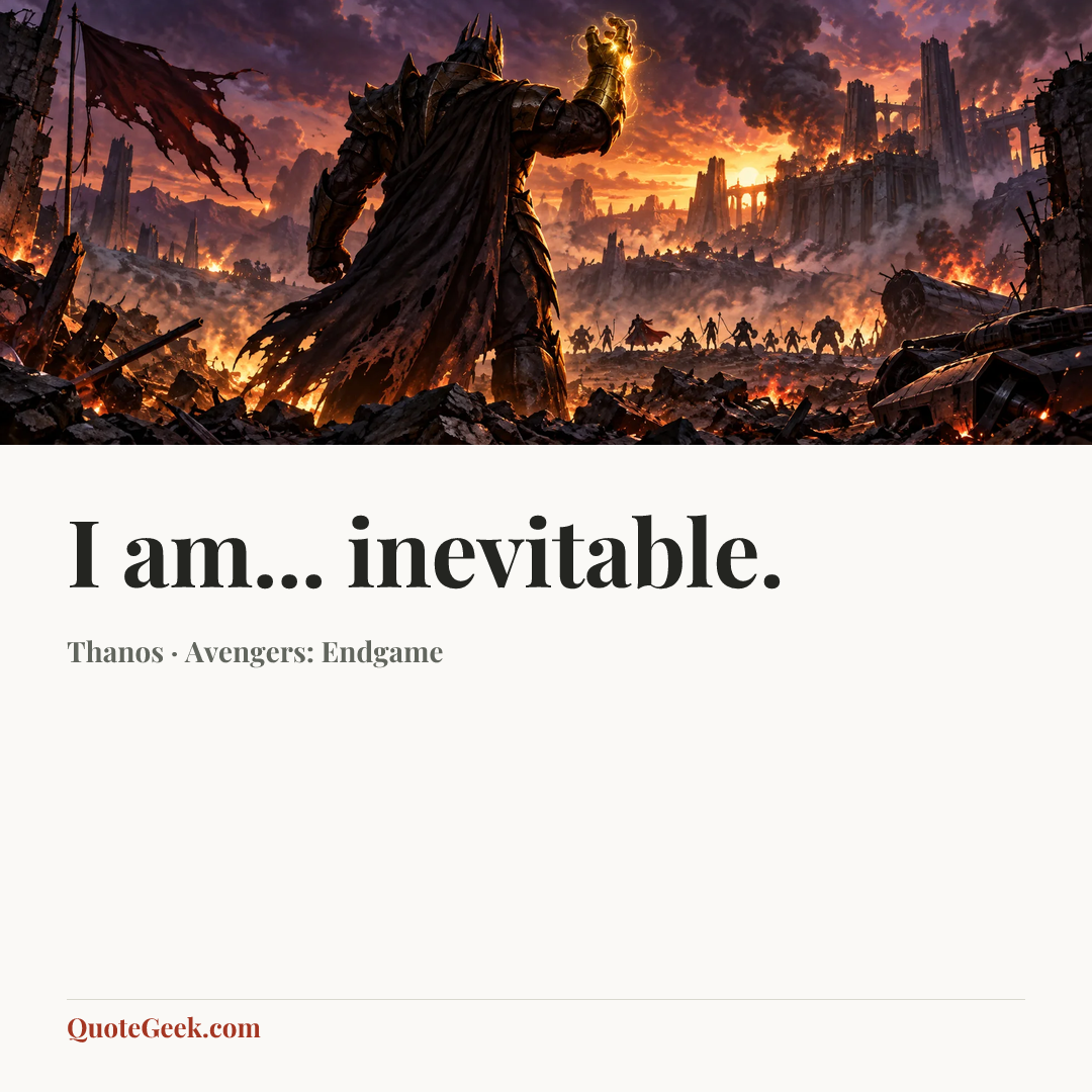 “I am... inevitable.” — Thanos · Avengers: Endgame. Illustrated QuoteGeek card.