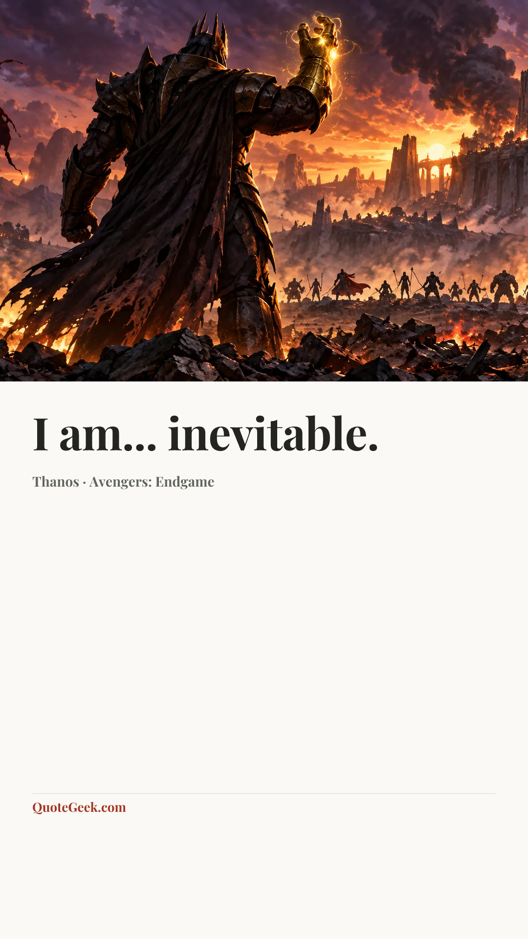 “I am... inevitable.” — Thanos · Avengers: Endgame. Illustrated QuoteGeek card.