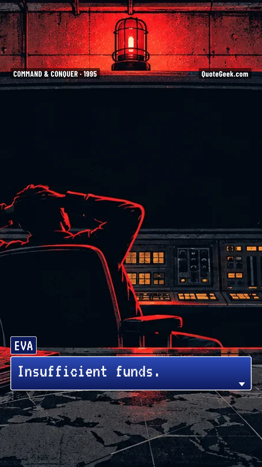 “Insufficient funds.” — EVA · Command & Conquer. Illustrated QuoteGeek card.