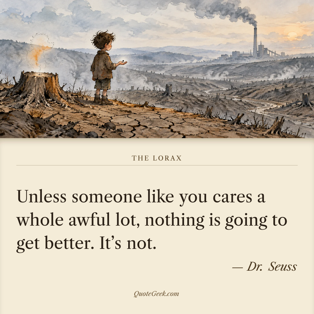“Unless someone like you cares a whole awful lot,
nothing is going to get better. It’s not.” — Dr. Seuss · The Lorax. Illustrated QuoteGeek card.