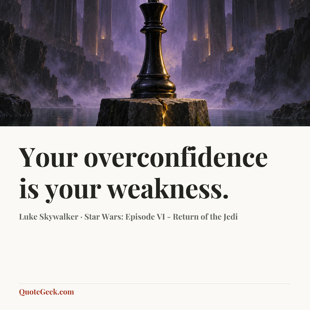 “Your overconfidence is your weakness.” — Luke Skywalker · Star Wars: Episode VI - Return of the Jedi. Illustrated QuoteGeek card.