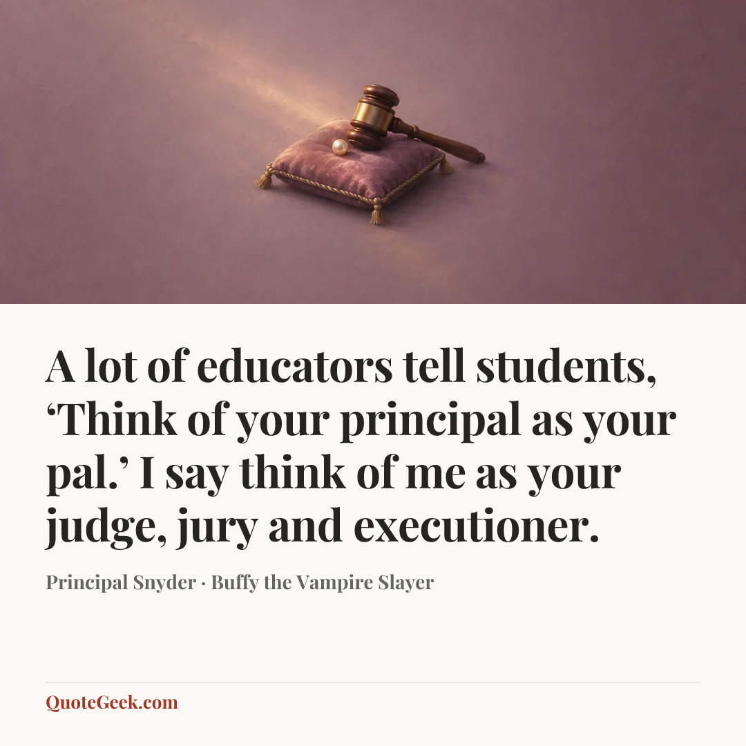 “A lot of educators tell students, ‘Think of your principal as your pal.’ I say think of me as your judge, jury and executioner.” — Principal Snyder · Buffy the Vampire Slayer. Illustrated QuoteGeek card.