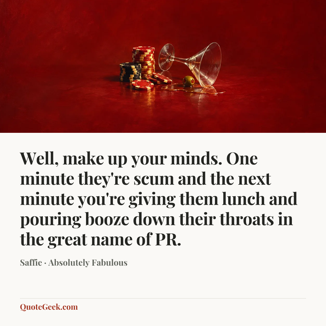 “Well, make up your minds. One minute they're scum and the next minute you're giving them lunch and pouring booze down their throats in the great name of PR.” — Saffie · Absolutely Fabulous. Illustrated QuoteGeek card.