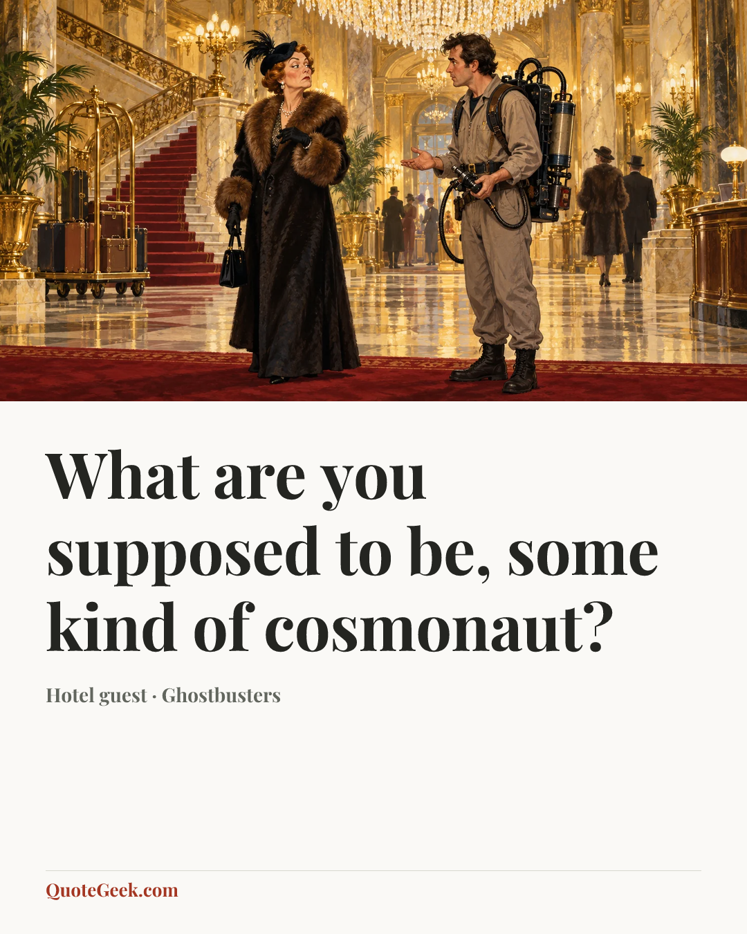“What are you supposed to be, some kind of cosmonaut?” — Hotel guest · Ghostbusters. Illustrated QuoteGeek card.