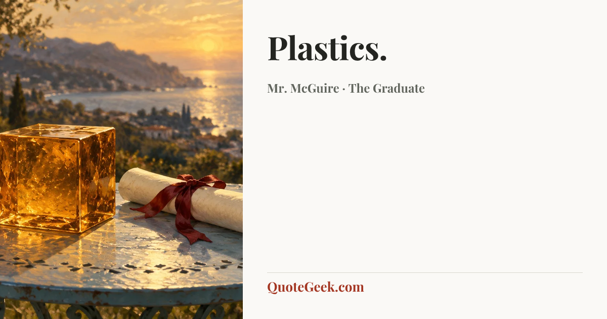 “Plastics.” — Mr. McGuire · The Graduate. Illustrated QuoteGeek card.