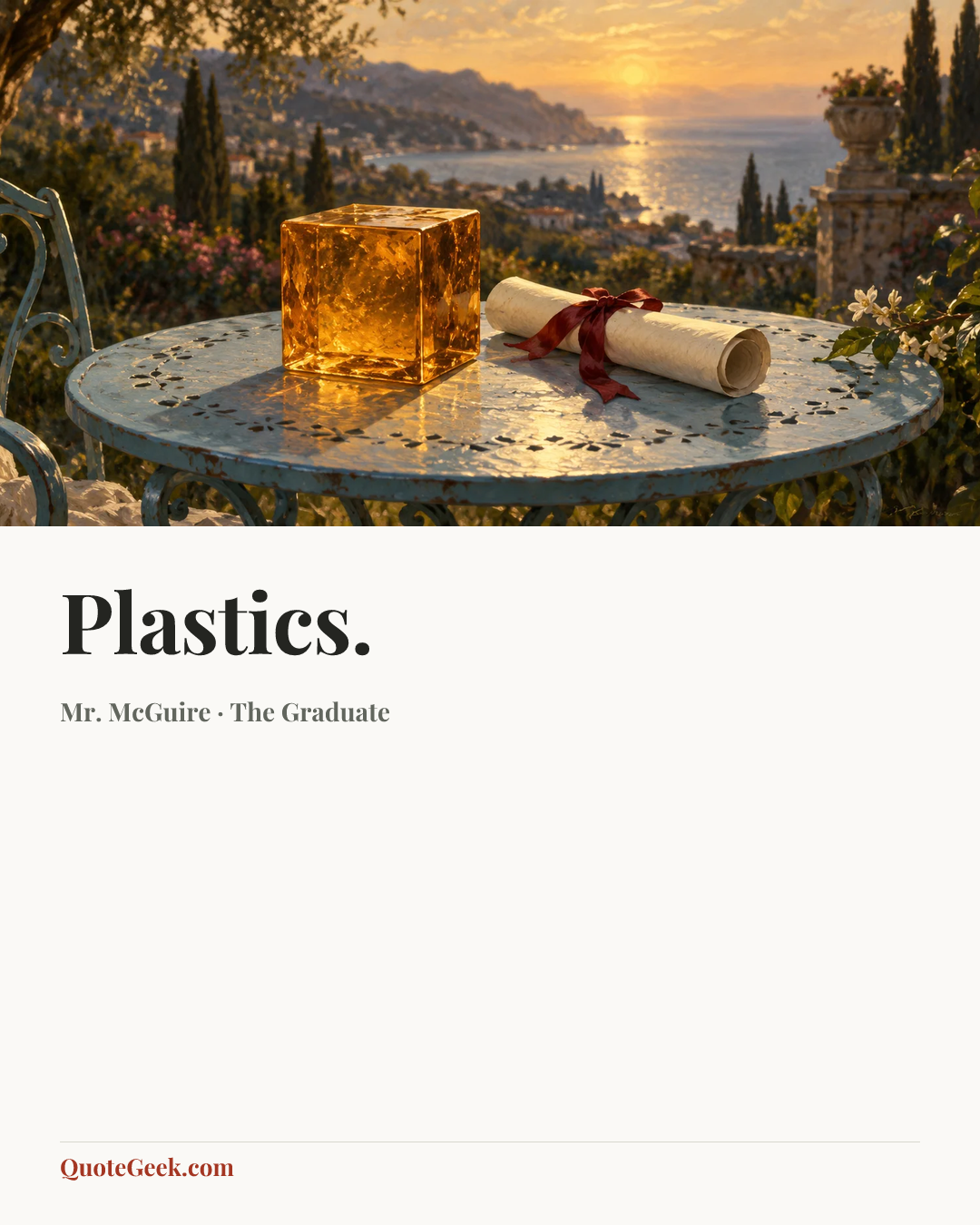 “Plastics.” — Mr. McGuire · The Graduate. Illustrated QuoteGeek card.