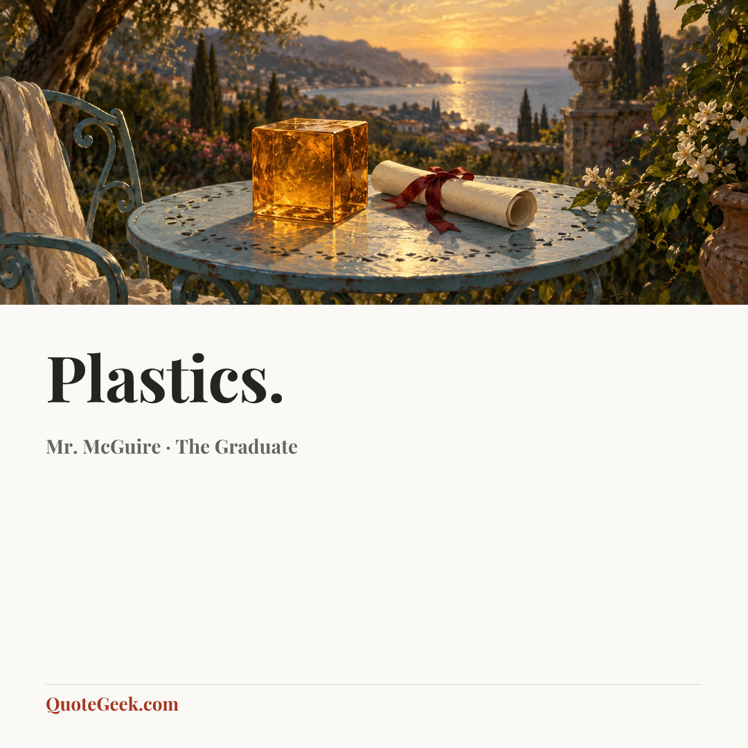 “Plastics.” — Mr. McGuire · The Graduate. Illustrated QuoteGeek card.