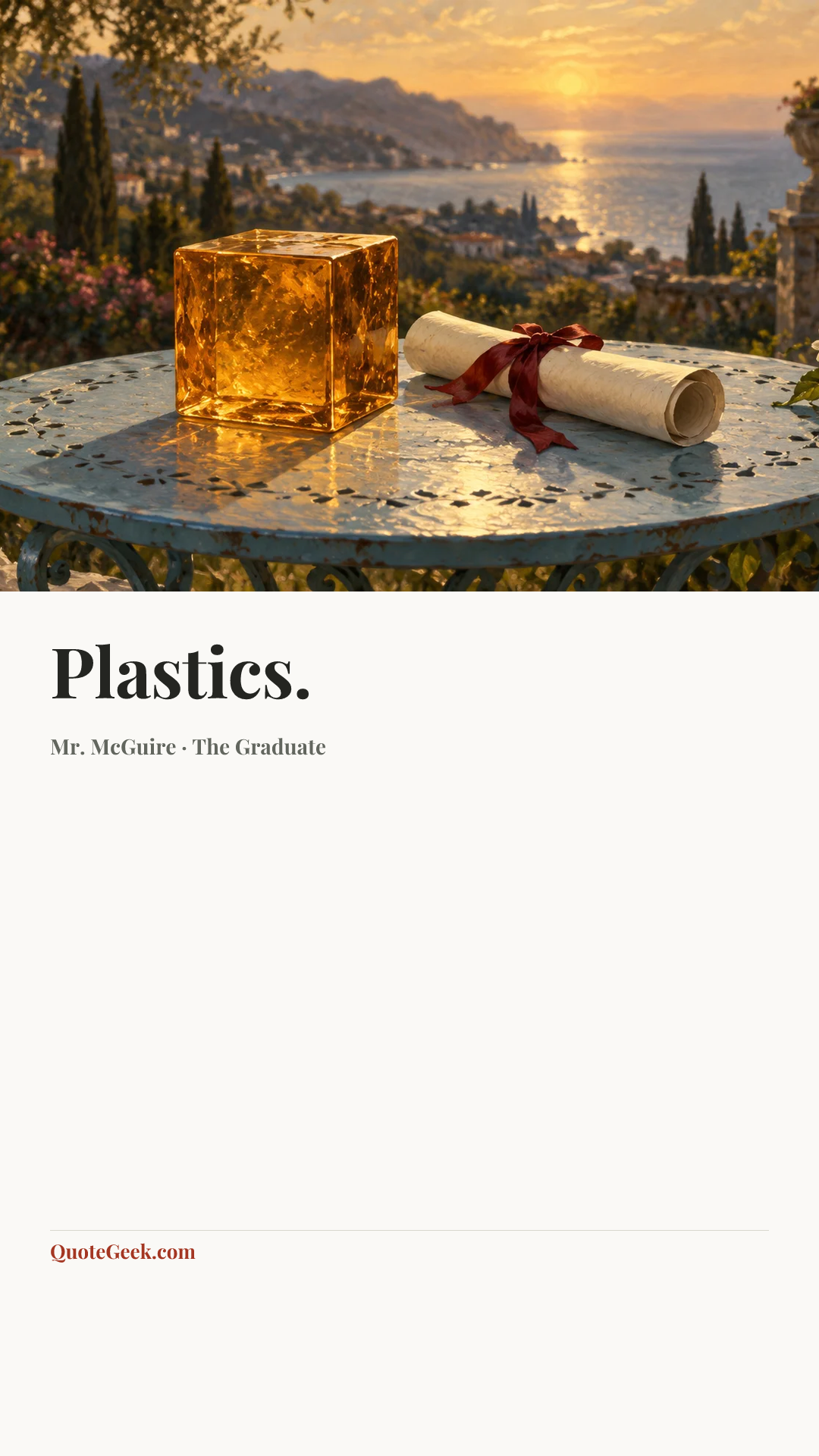 “Plastics.” — Mr. McGuire · The Graduate. Illustrated QuoteGeek card.
