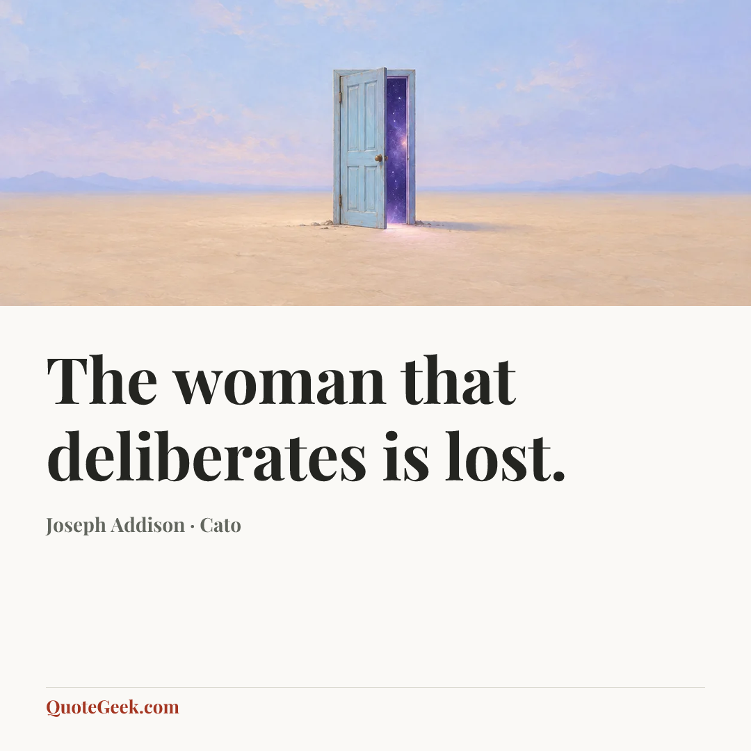 “The woman that deliberates is lost.” — Joseph Addison · Cato. Illustrated QuoteGeek card.