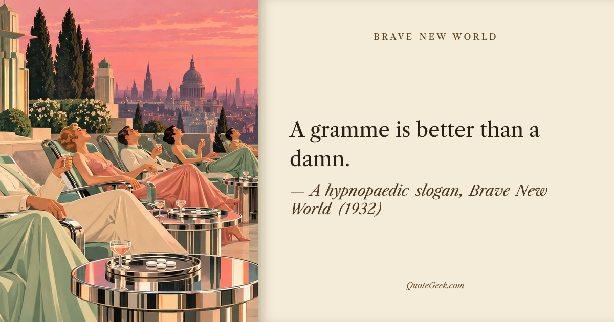 “A gramme is better than a damn.” — A hypnopaedic slogan, Brave New World (1932). Illustrated QuoteGeek card.