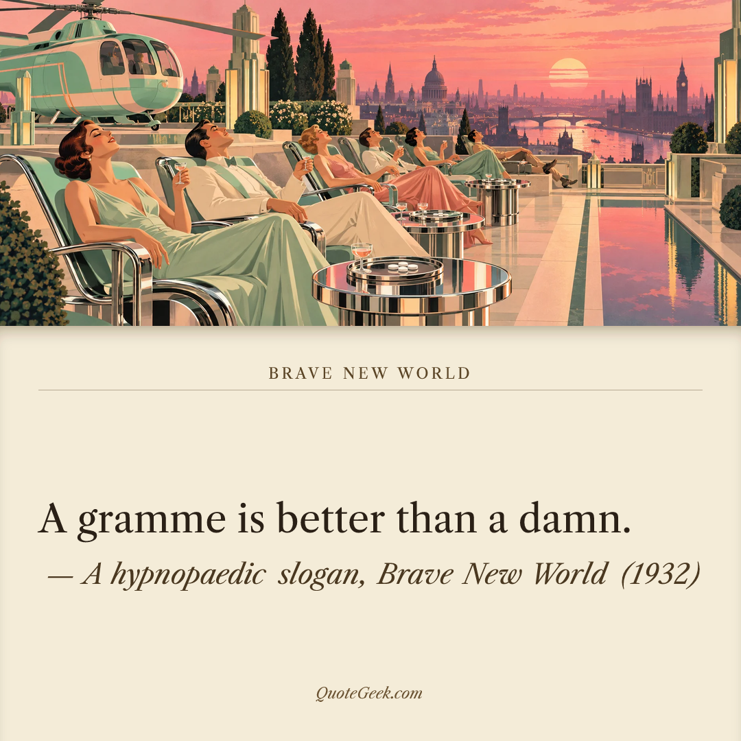 “A gramme is better than a damn.” — A hypnopaedic slogan, Brave New World (1932). Illustrated QuoteGeek card.