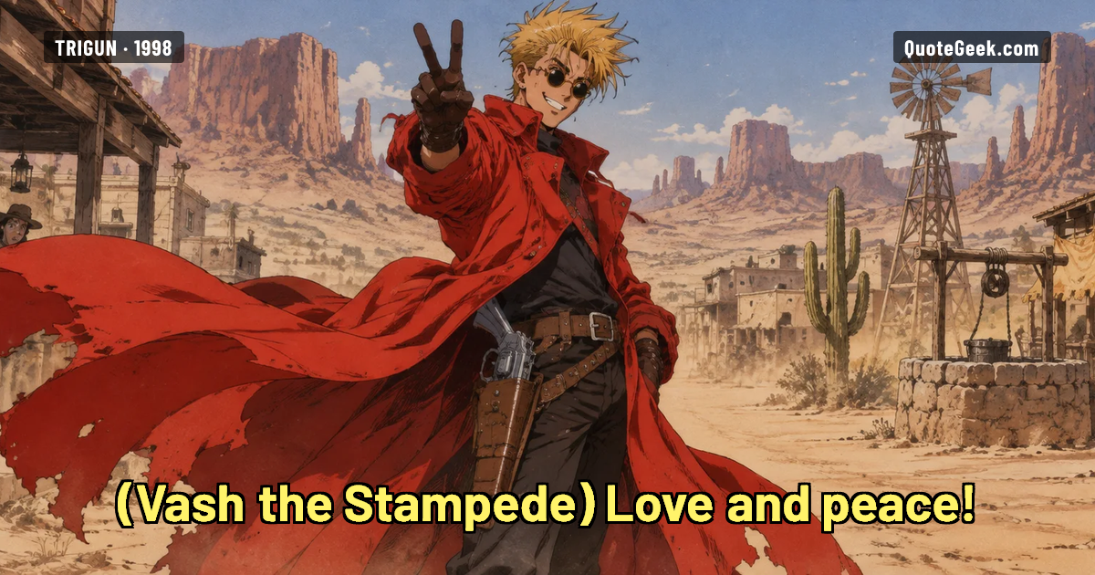 “Love and peace!” — Vash the Stampede · Trigun. Illustrated QuoteGeek card.