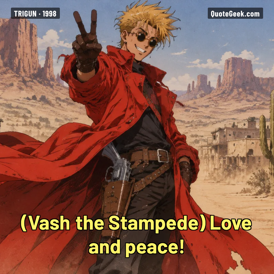 “Love and peace!” — Vash the Stampede · Trigun. Illustrated QuoteGeek card.
