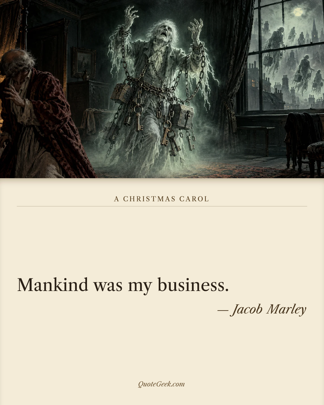 “Mankind was my business.” — Jacob Marley · A Christmas Carol. Illustrated QuoteGeek card.