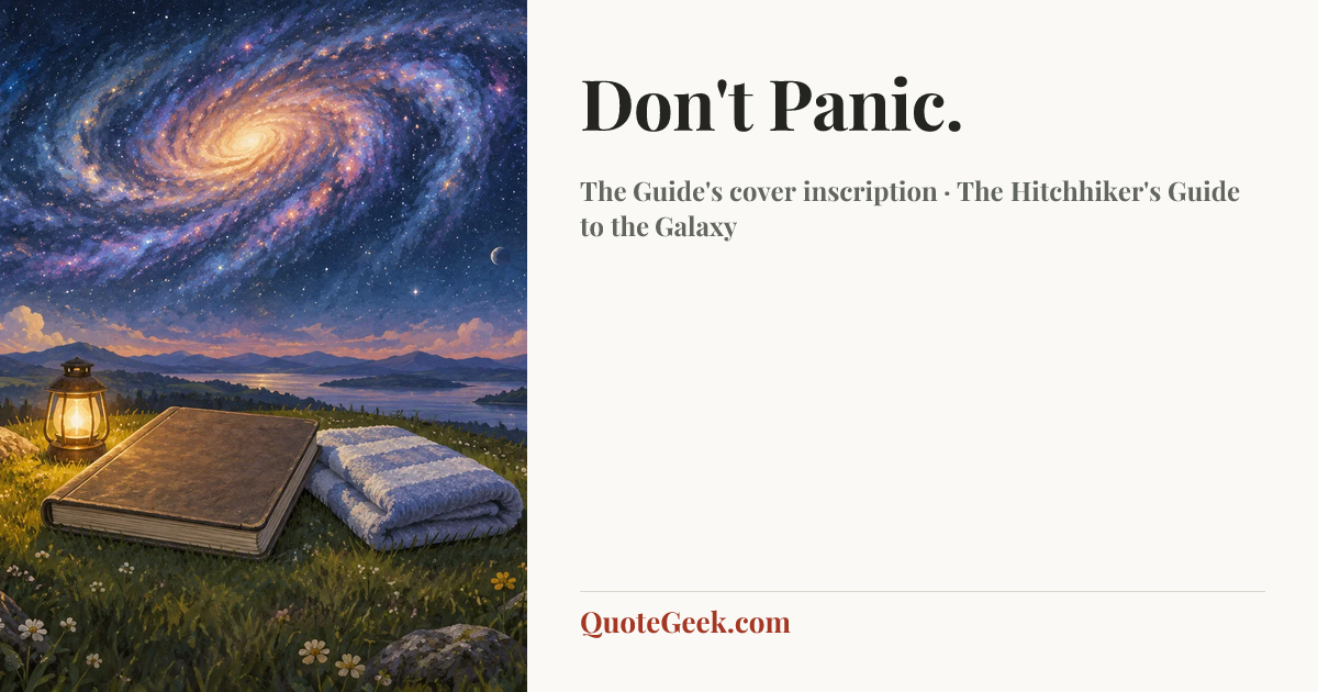 “Don't Panic.” — The Guide's cover inscription · The Hitchhiker's Guide to the Galaxy. Illustrated QuoteGeek card.