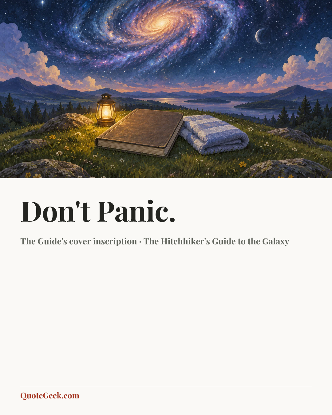 “Don't Panic.” — The Guide's cover inscription · The Hitchhiker's Guide to the Galaxy. Illustrated QuoteGeek card.