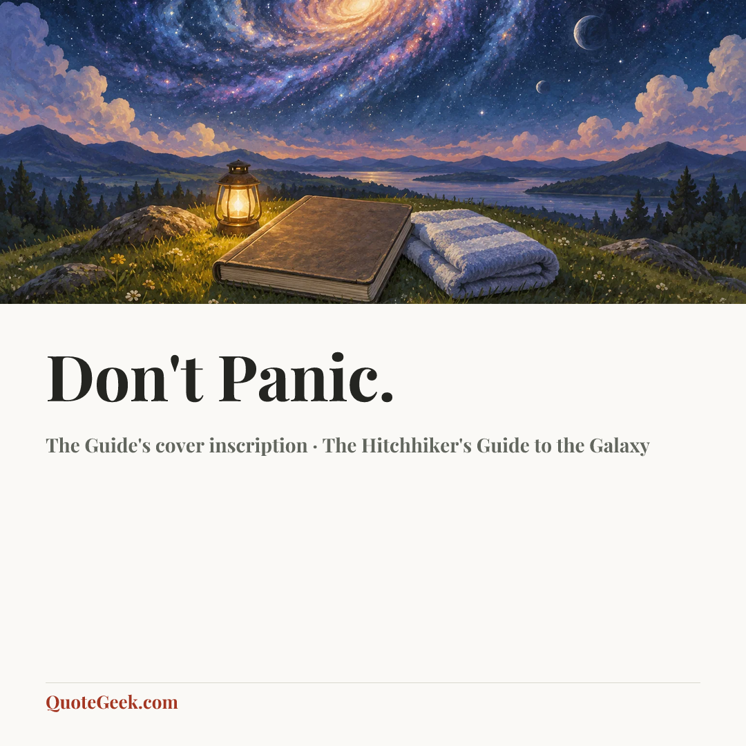 “Don't Panic.” — The Guide's cover inscription · The Hitchhiker's Guide to the Galaxy. Illustrated QuoteGeek card.