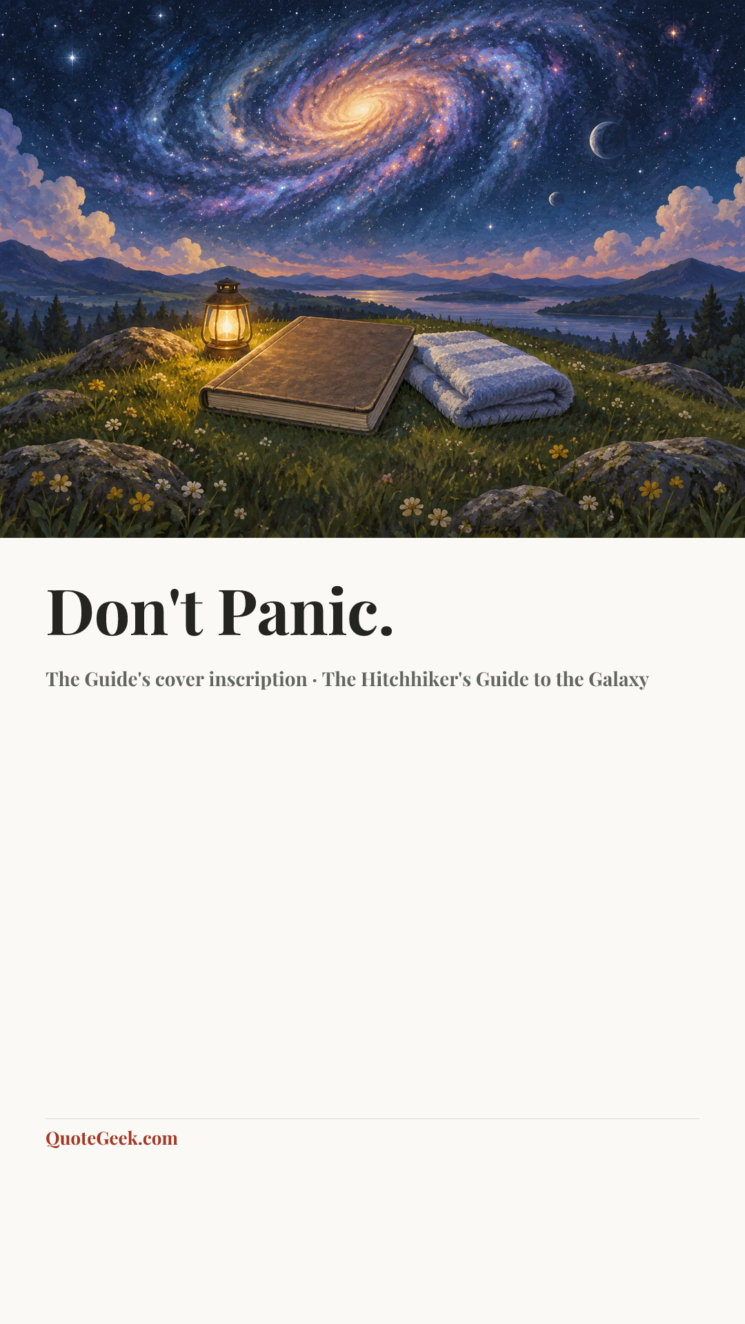 “Don't Panic.” — The Guide's cover inscription · The Hitchhiker's Guide to the Galaxy. Illustrated QuoteGeek card.