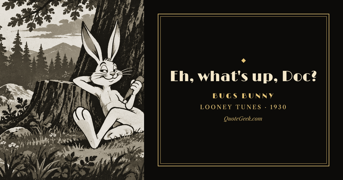 “Eh, what's up, Doc?” — Bugs Bunny · Looney Tunes. Illustrated QuoteGeek card.