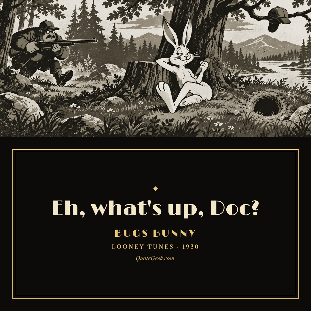 “Eh, what's up, Doc?” — Bugs Bunny · Looney Tunes. Illustrated QuoteGeek card.