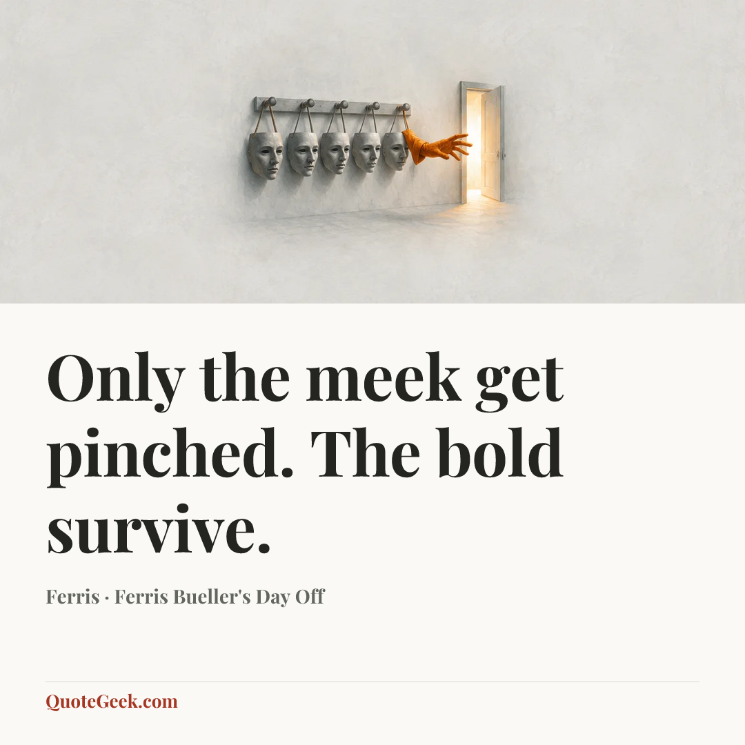 “Only the meek get pinched. The bold survive.” — Ferris · Ferris Bueller's Day Off. Illustrated QuoteGeek card.