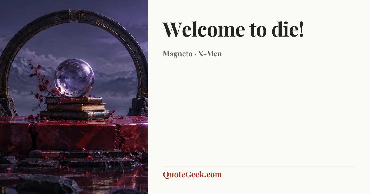 “Welcome to die!” — Magneto · X-Men. Illustrated QuoteGeek card.