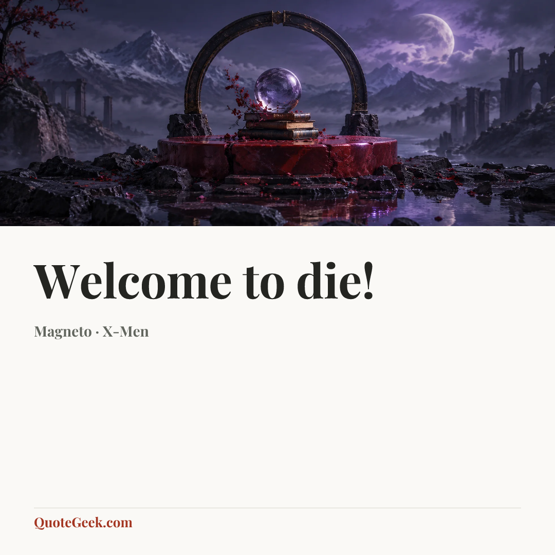 “Welcome to die!” — Magneto · X-Men. Illustrated QuoteGeek card.