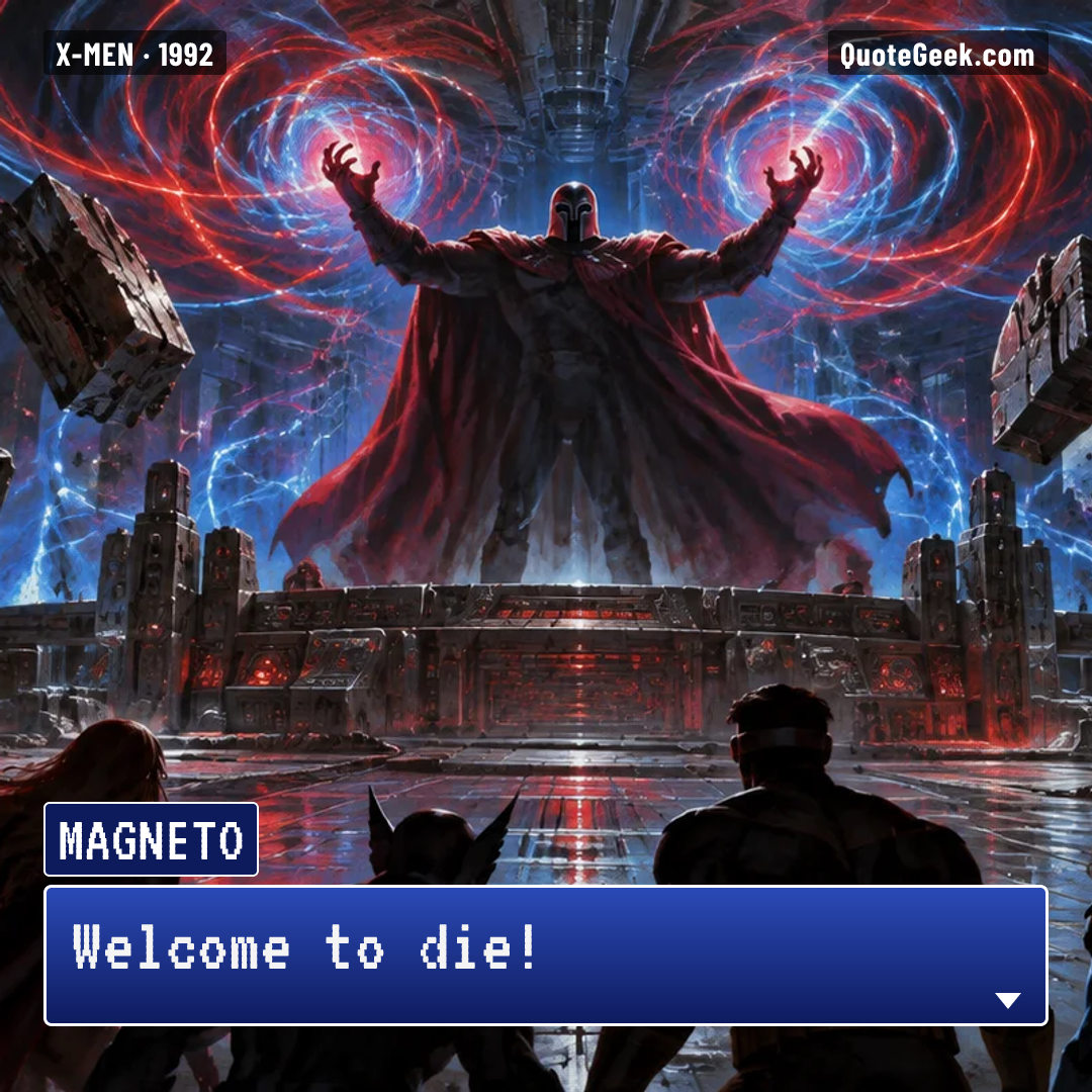 “Welcome to die!” — Magneto · X-Men. Illustrated QuoteGeek card.