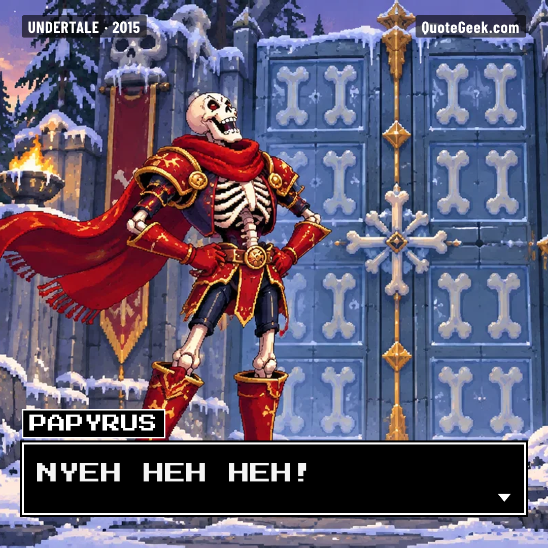 “NYEH HEH HEH!” — Papyrus · Undertale. Illustrated QuoteGeek card.