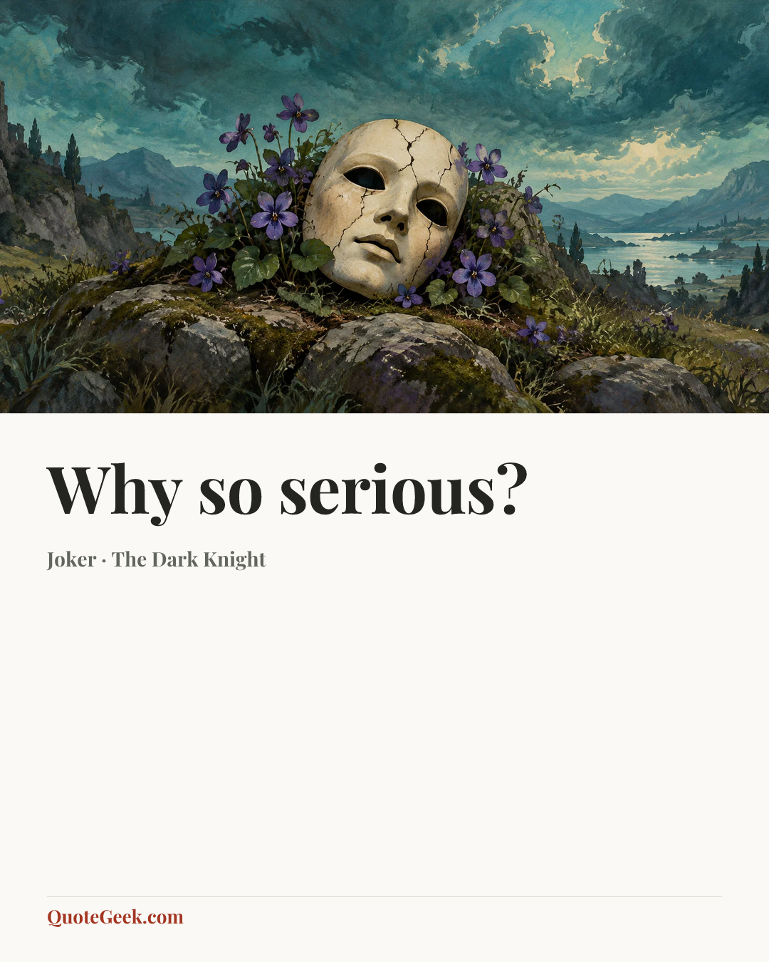 “Why so serious?” — Joker · The Dark Knight. Illustrated QuoteGeek card.