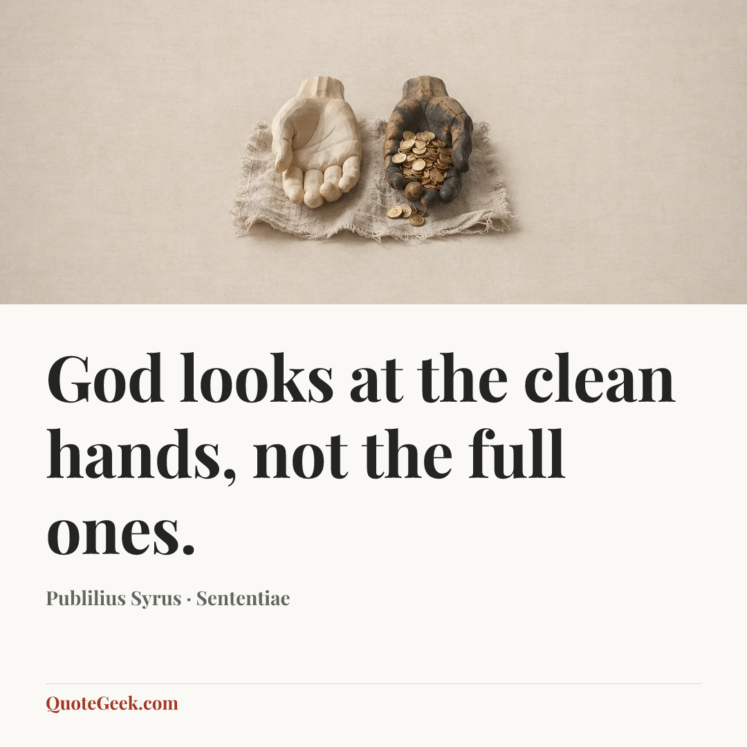 “God looks at the clean hands, not the full ones.” — Publilius Syrus · Sententiae. Illustrated QuoteGeek card.