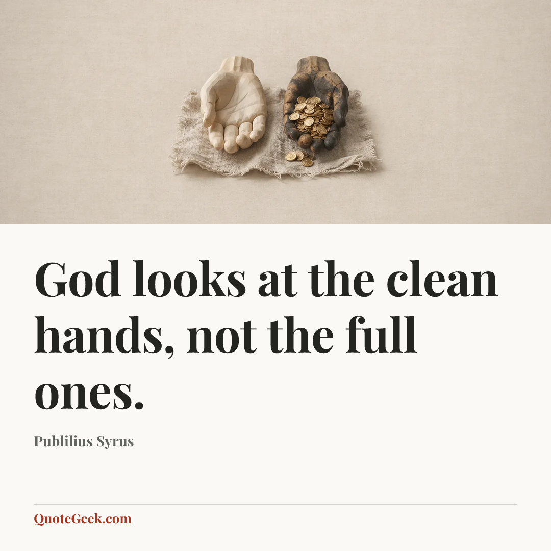“God looks at the clean hands, not the full ones.” — Publilius Syrus. Illustrated QuoteGeek card.