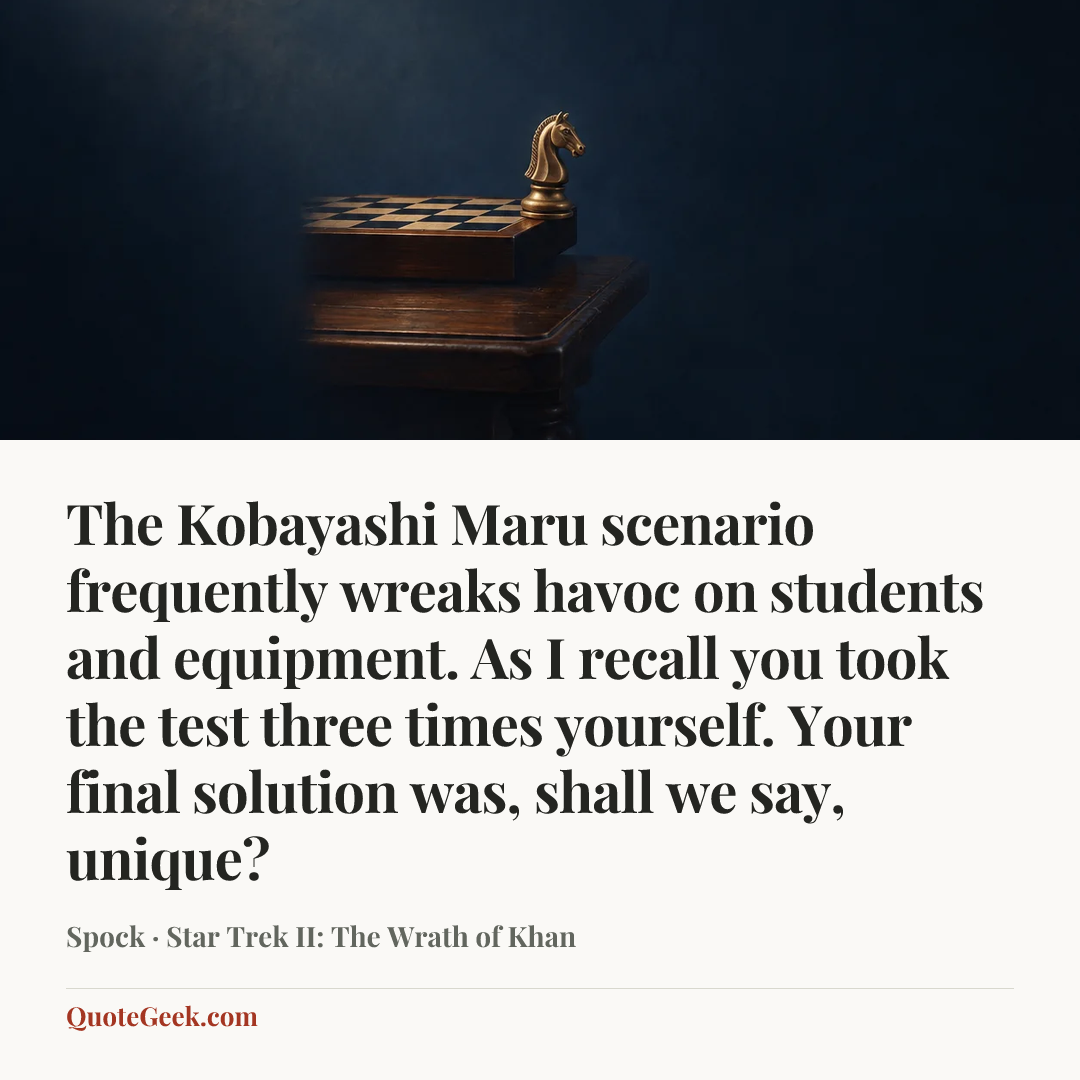 “The Kobayashi Maru scenario frequently wreaks havoc on students and equipment. As I recall you took the test three times yourself. Your final solution was, shall we say, unique?” — Spock · Star Trek II: The Wrath of Khan. Illustrated QuoteGeek card.