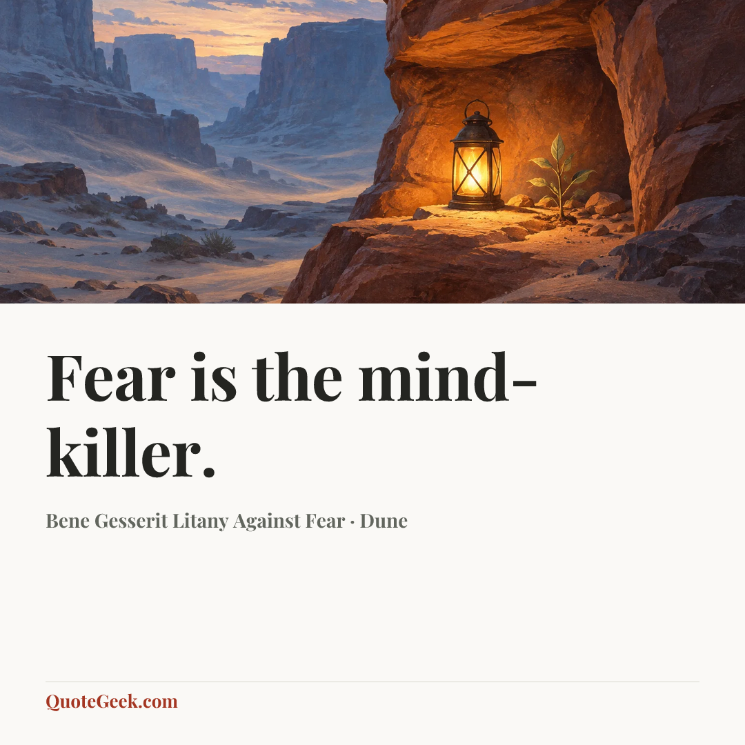 “Fear is the mind-killer.” — Bene Gesserit Litany Against Fear · Dune. Illustrated QuoteGeek card.