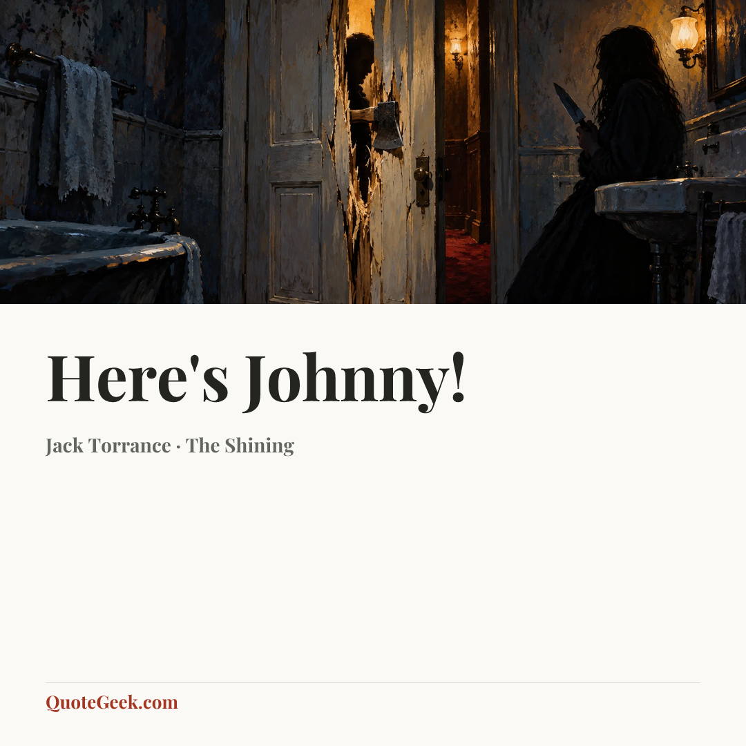 “Here's Johnny!” — Jack Torrance · The Shining. Illustrated QuoteGeek card.