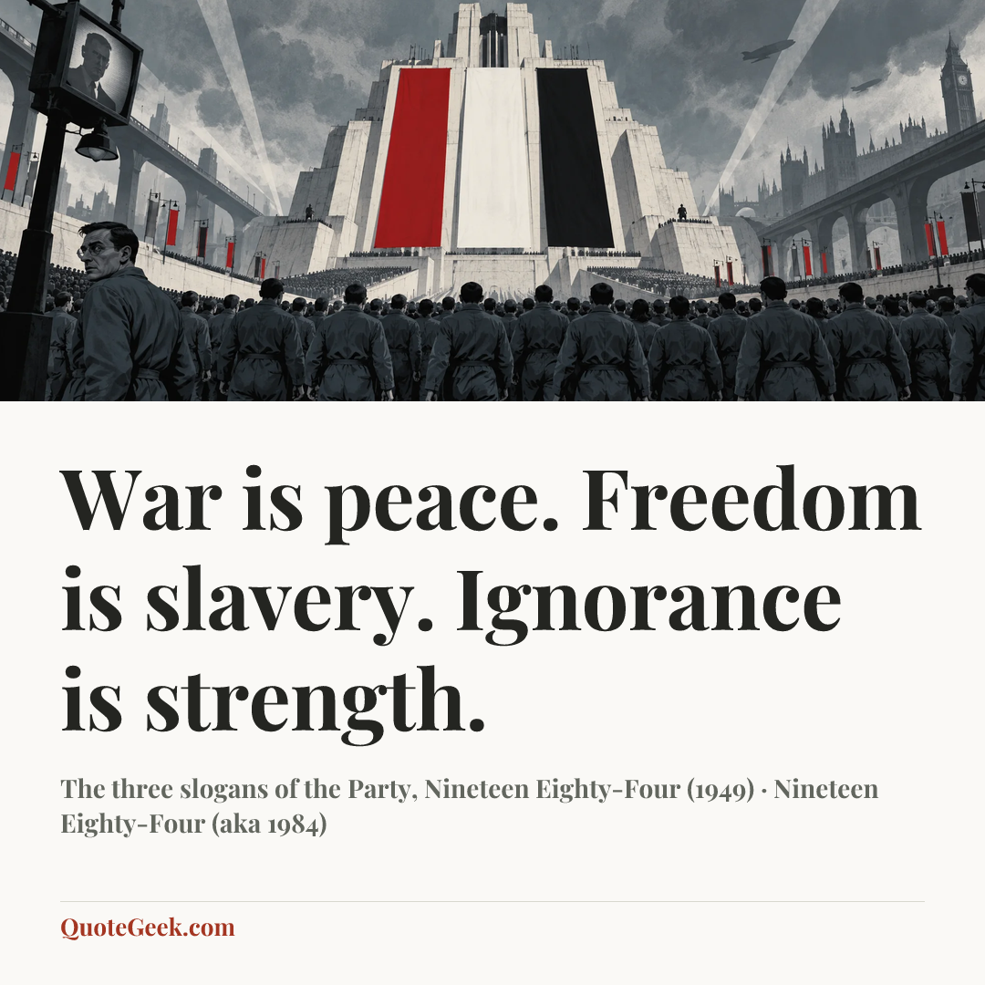 “War is peace. Freedom is slavery. Ignorance is strength.” — The three slogans of the Party, Nineteen Eighty-Four (1949) · Nineteen Eighty-Four (aka 1984). Illustrated QuoteGeek card.