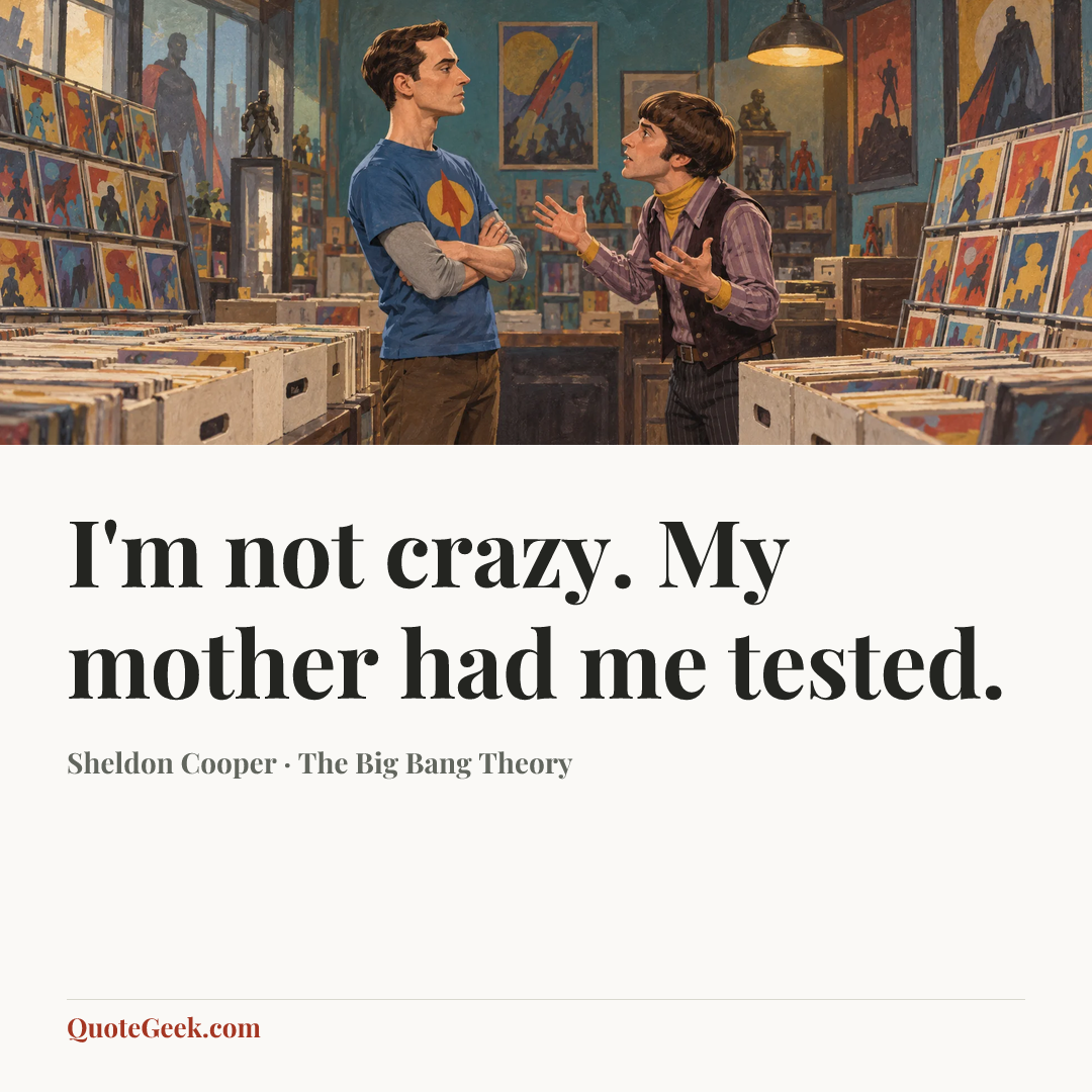 “I'm not crazy. My mother had me tested.” — Sheldon Cooper · The Big Bang Theory. Illustrated QuoteGeek card.