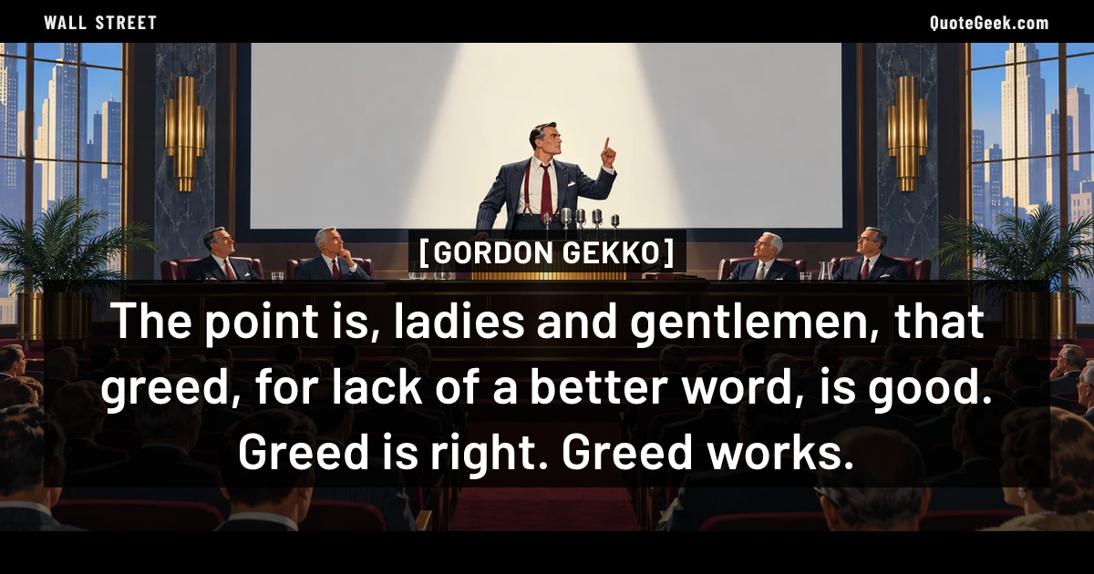 “The point is, ladies and gentlemen, that greed, for lack of a better word, is good. Greed is right. Greed works.” — Gordon Gekko · Wall Street. Illustrated QuoteGeek card.