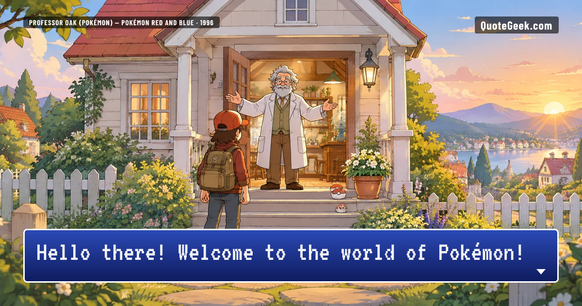 “Hello there! Welcome to the world of Pokémon!” — Professor Oak (Pokémon) · Pokémon Red and Blue. Illustrated QuoteGeek card.