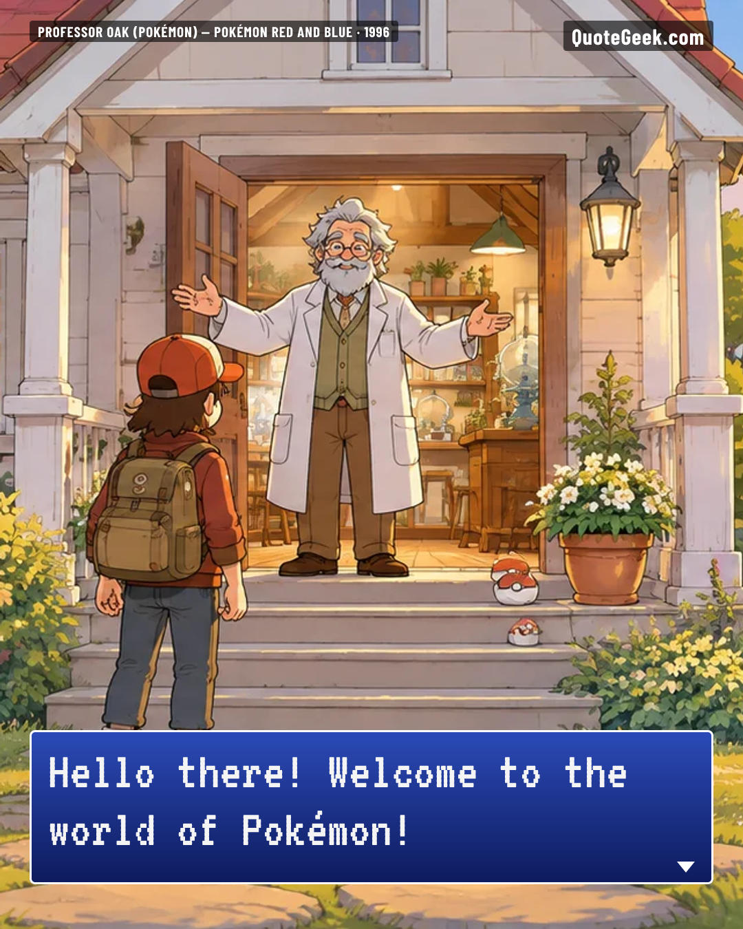 “Hello there! Welcome to the world of Pokémon!” — Professor Oak (Pokémon) · Pokémon Red and Blue. Illustrated QuoteGeek card.